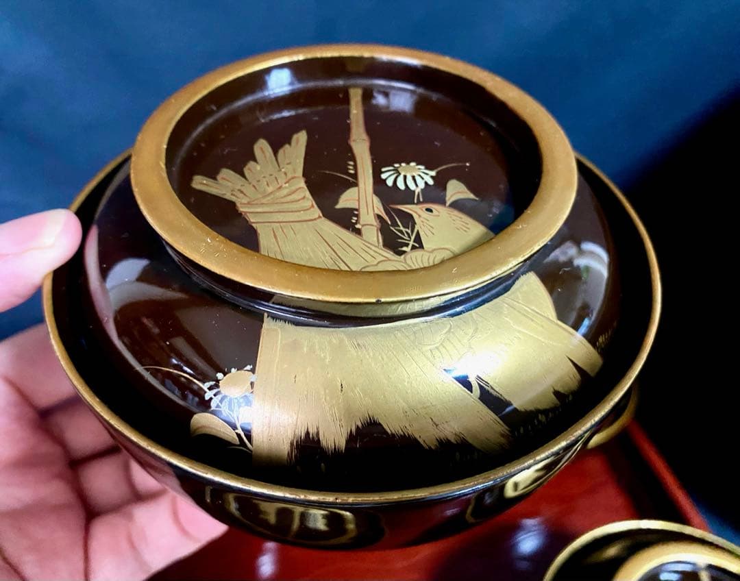 アンティーク 輪島塗 漆器セット 天然木 蒔絵 菓子椀5客 ,沈金 2段重箱