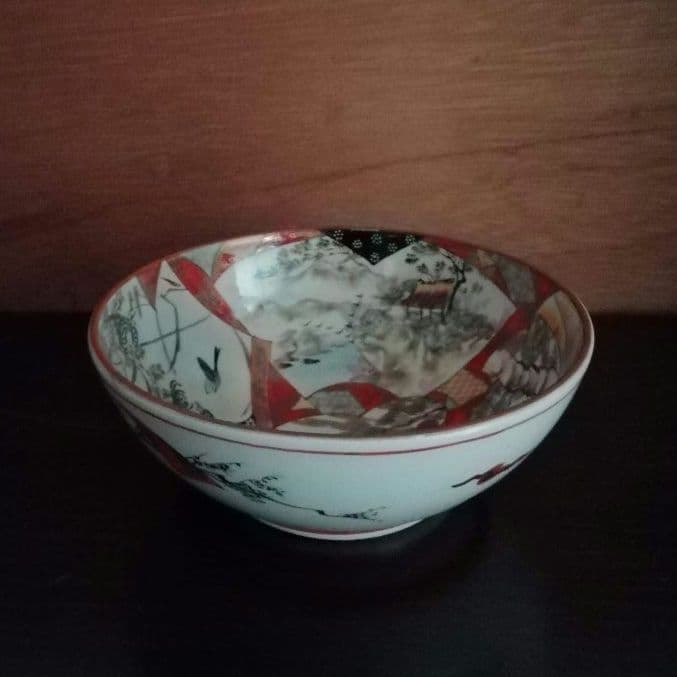 九谷焼　赤絵　鉢　手描き　人物　花鳥図　窓絵　明治　大正ロマン　和骨董