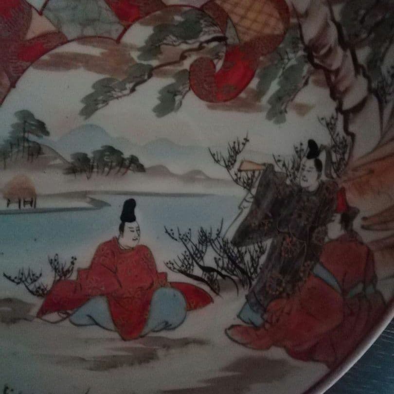 九谷焼　赤絵　鉢　手描き　人物　花鳥図　窓絵　明治　大正ロマン　和骨董