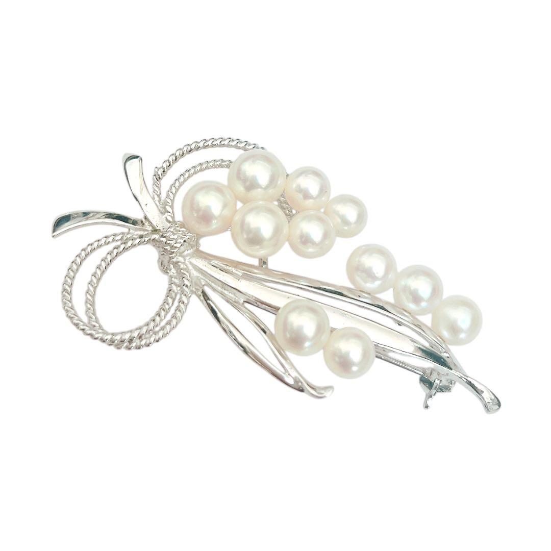 【極美品】MIKIMOTO パールブローチ 11珠 リボン シルバー あこや真珠