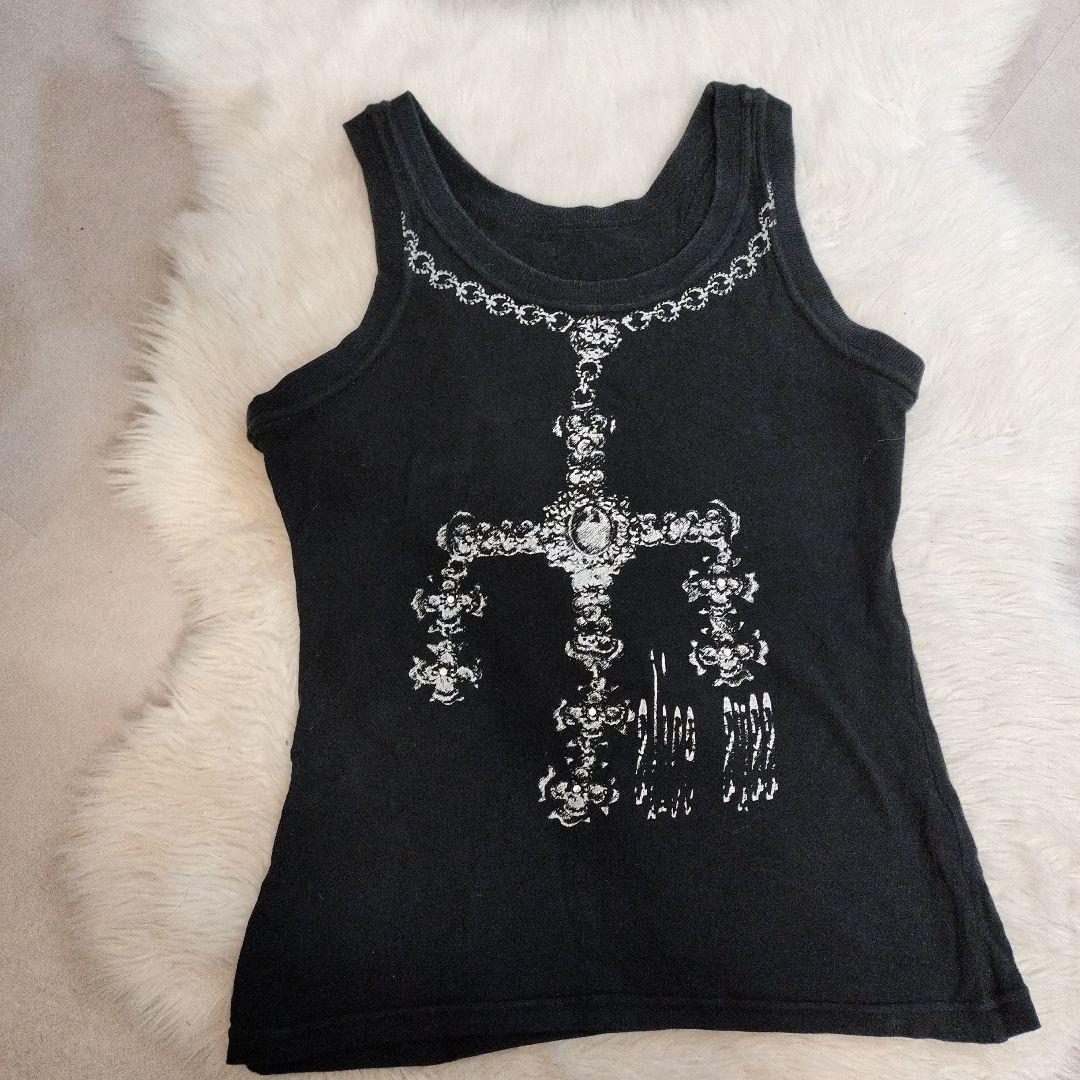 aliceauaa　黒 プリントデザイン　ビジュー付 タンクトップ