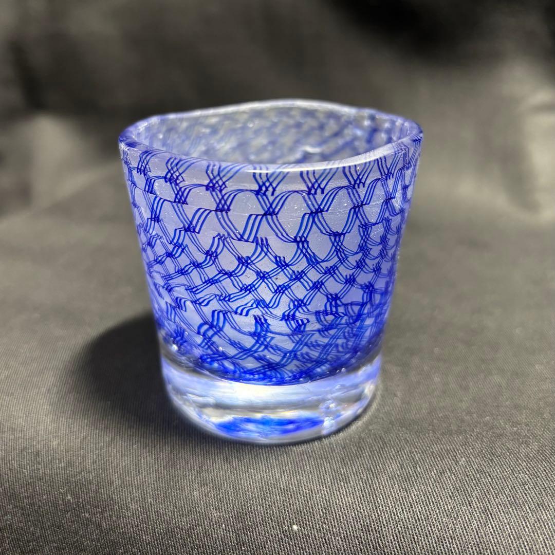 コアガラス　小暮紀一　冷酒杯　レース文様　青　ぐい呑　おちょこ　トンボ玉
