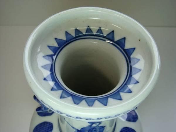 花瓶■城楽 窯院 人物 魚耳付き 染付け 唐草 花器 希少 古玩 時代物 骨董■