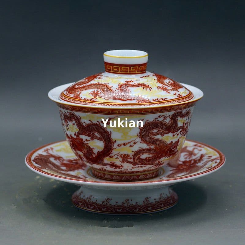 竜三才蓋碗 陶磁 茶器 茶碗 茶道具 香道具 装飾品 現代工芸品