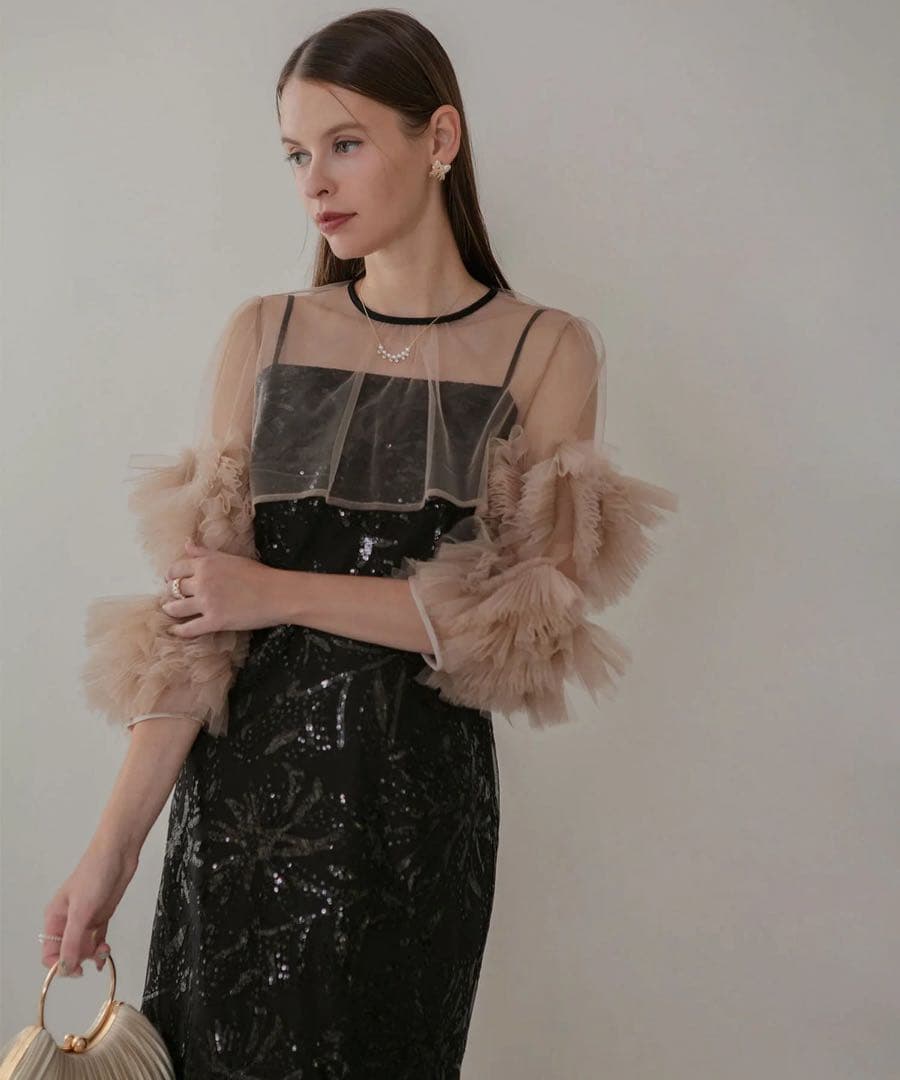 leja フラワースパンコールチュールフリルスリーブIラインワンピースドレス 黒