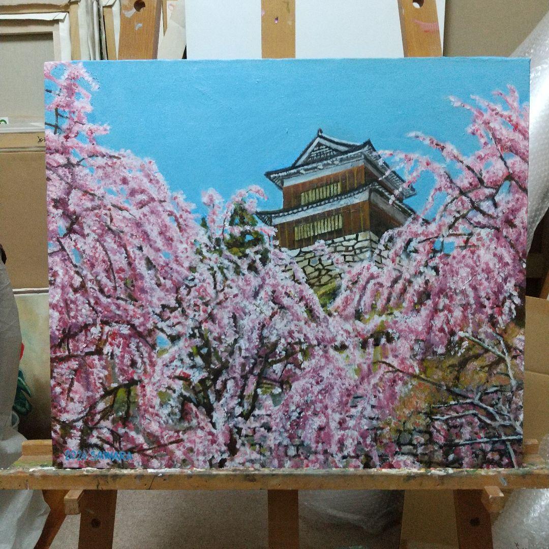 絵画、額装、油彩、F10号、満開桜の長野県真田上田城、佐原聖春