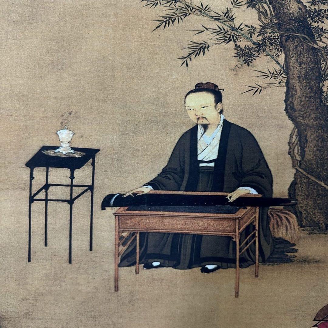 中国画 趙佶 聴琴図 三尺中堂 掛け軸／防偽マーク付き