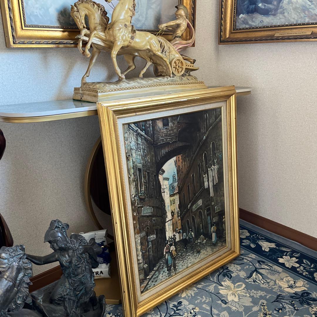 【更に値下げしました】街並み 油彩画 金色フレーム