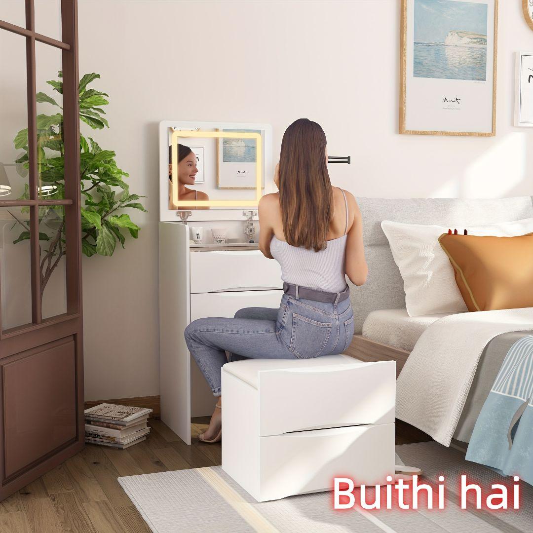 省スペース化粧台 ホワイトモダンデザイン 鏡・ライト・スツール付属