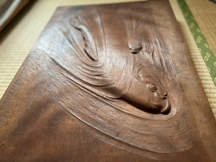 鯉　木彫　欅の板　レリーフ