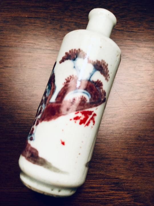 中国骨董　清中期　青花釉裏紅　人物　鼻煙壺　翡翠蓋　骨杓