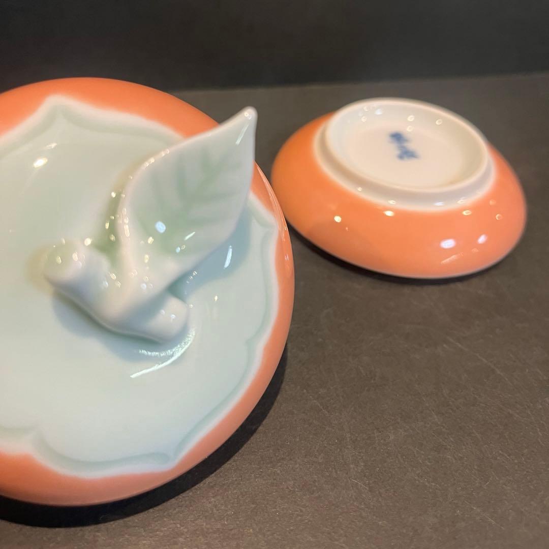 未使用　人間国宝 井上萬二「彩釉 柿 香合」共箱共布陶歴あり