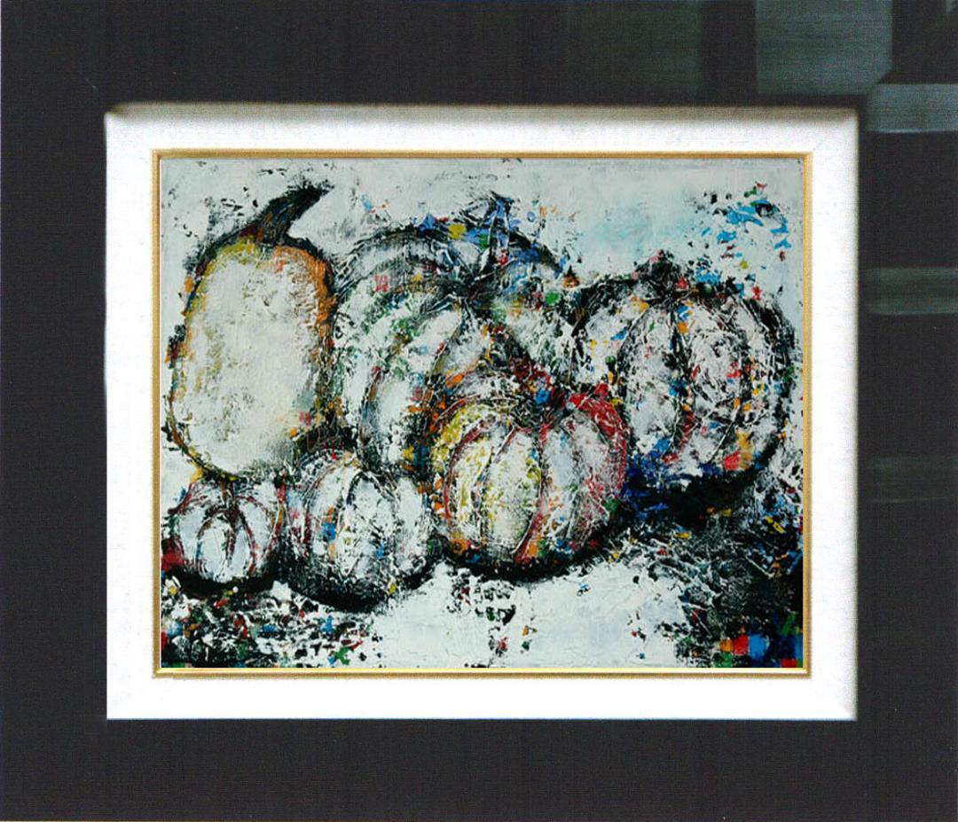 油絵 菅家令子 絵 絵画インテリア 額付(青緑＋金色の枠)uF6-030114