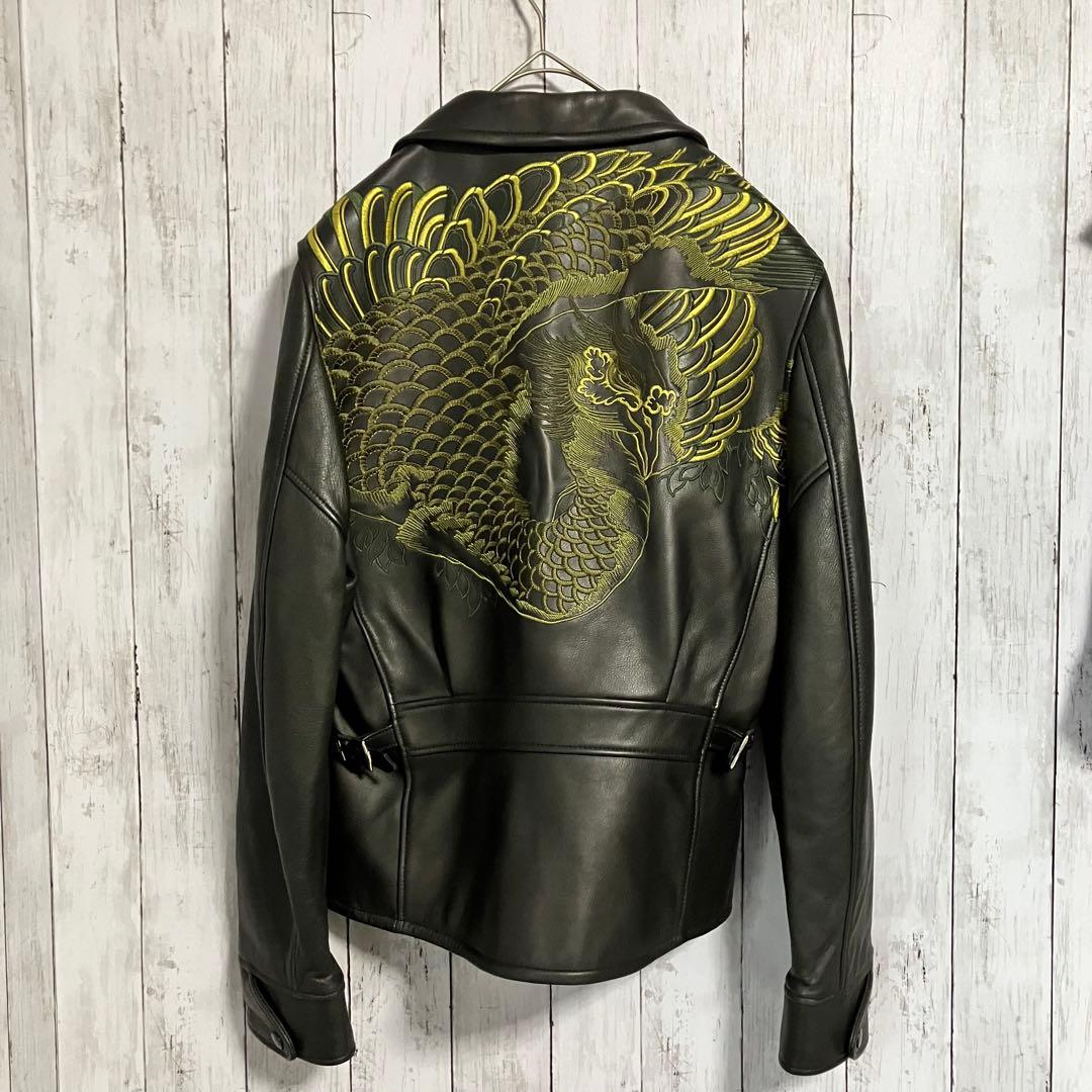 【美品】花旅楽団 鳳凰刺繍レザーライダース ジャケット 和柄 バイカー Lサイズ