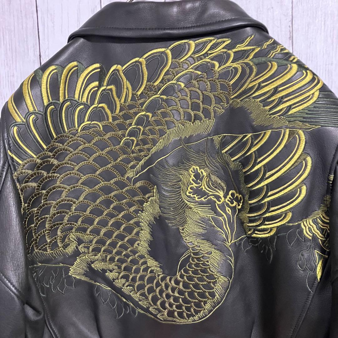 【美品】花旅楽団 鳳凰刺繍レザーライダース ジャケット 和柄 バイカー Lサイズ