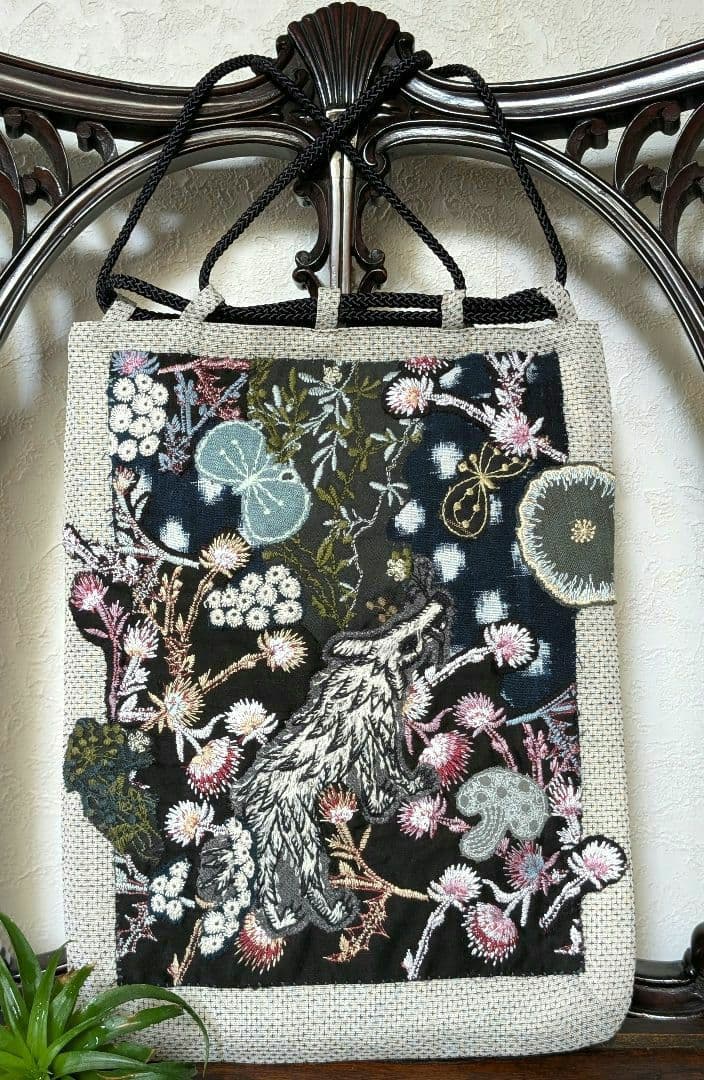 信玄袋「ガレ調」《藍染とWlof&Flower 》古布　ミナペルホネン　PJC