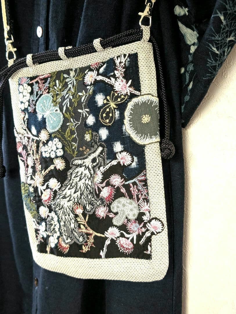 信玄袋「ガレ調」《藍染とWlof&Flower 》古布　ミナペルホネン　PJC