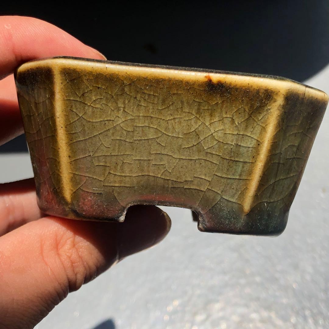 436.正子 窯変織布釉切角長方 盆栽鉢 7.6*6*3.7cm