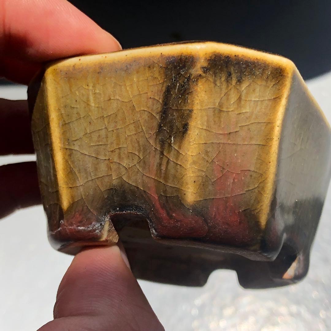 436.正子 窯変織布釉切角長方 盆栽鉢 7.6*6*3.7cm