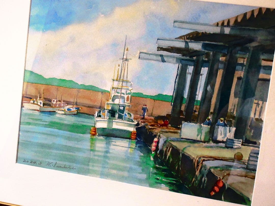 水彩画 港の風景 原画 F6サイズ
