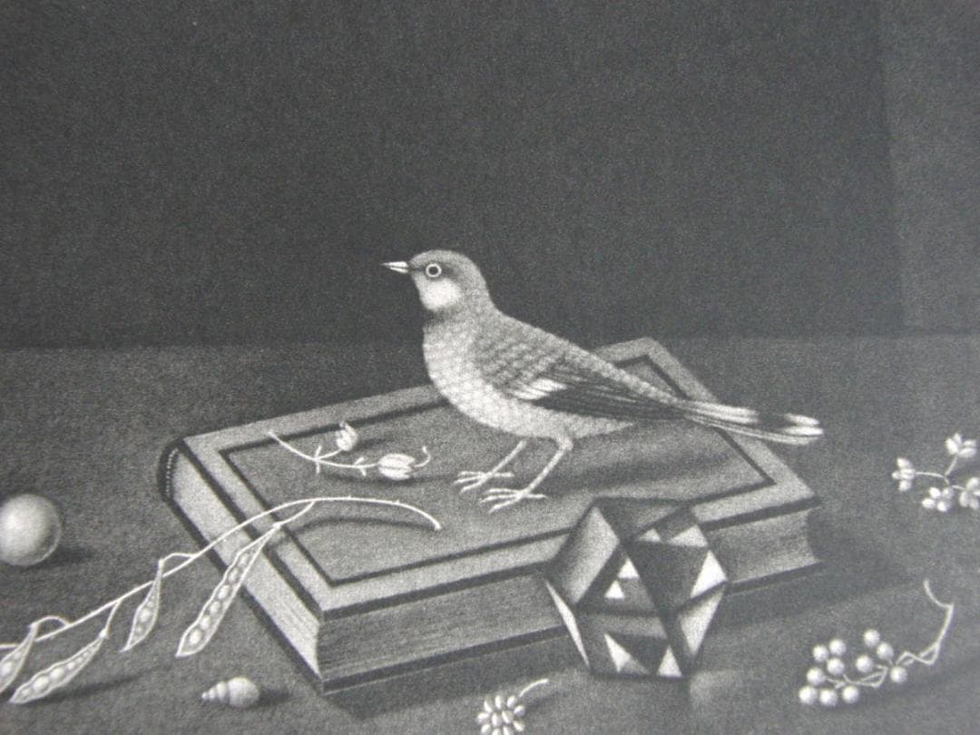 長谷川潔、本の上の小鳥　静物画、厳選、希少画集・額装画、新品高級額 額装付