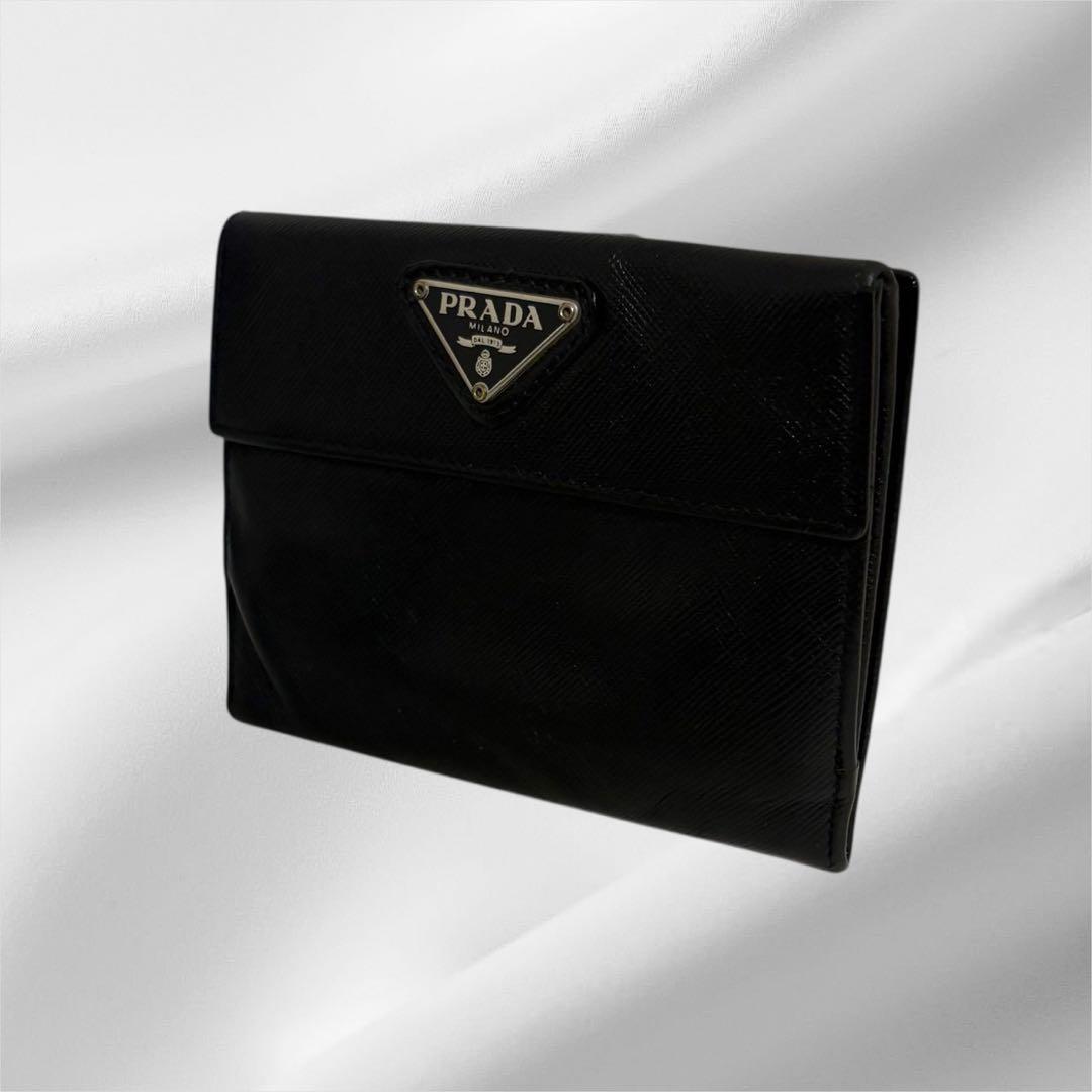 美品✨ PRADA プラダ 三つ折り財布 サフィアーノ ブラック 三角ロゴ