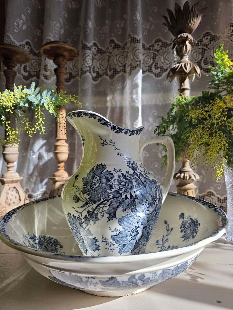 Saint-Amand窯のアンティークピシェとベイスン Anemoneアネモネ