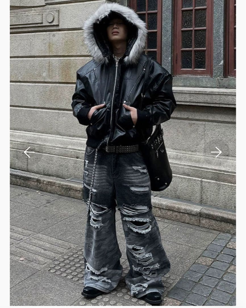 フード付きレザージャケット ダメージ加工