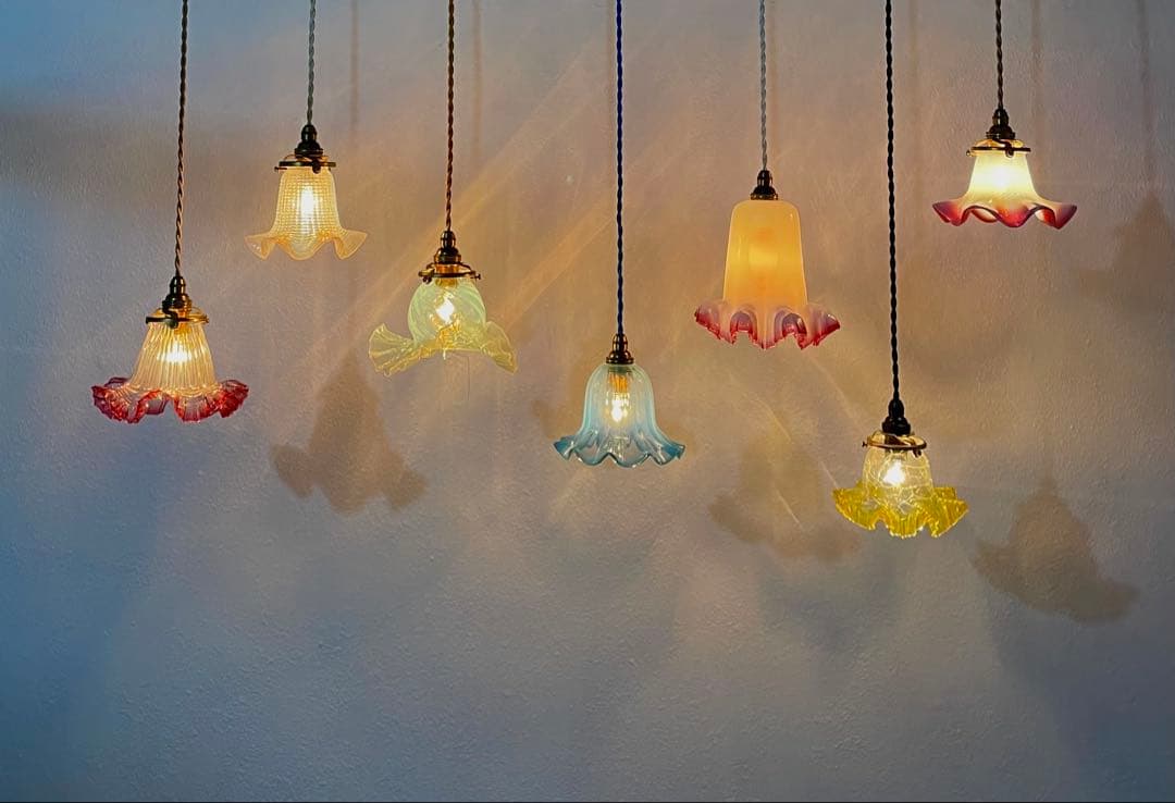 アンティーク　ガラスシェード　ペンダントライト　フリル　コード・電球セット♪