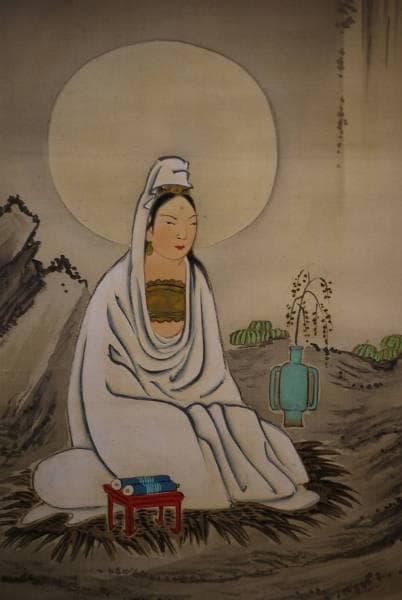 真作/村上蘭田/岩上観音図/布袋屋掛軸HC-499