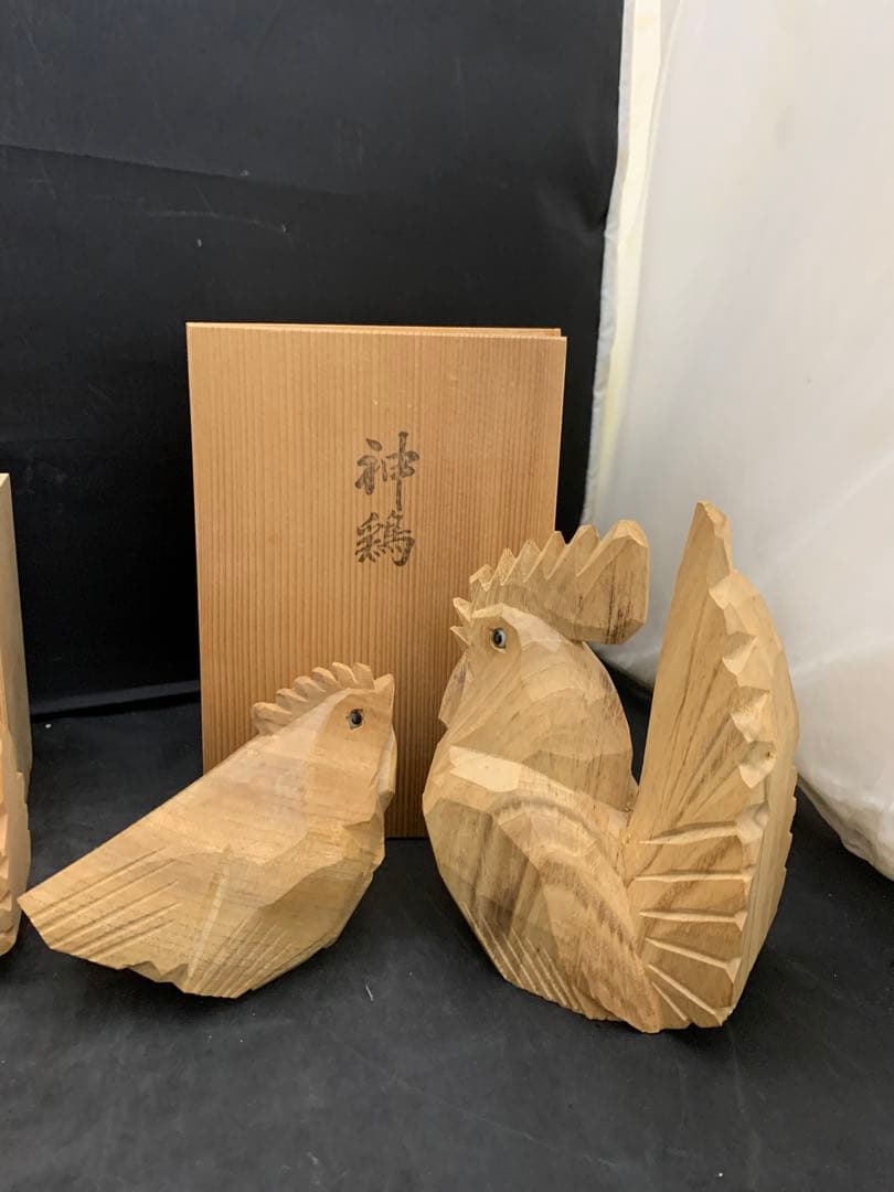 一刀彫師 中村良記作 干支の置物 酉 神鶏 雄雌2羽セット×2/ 1羽　共箱