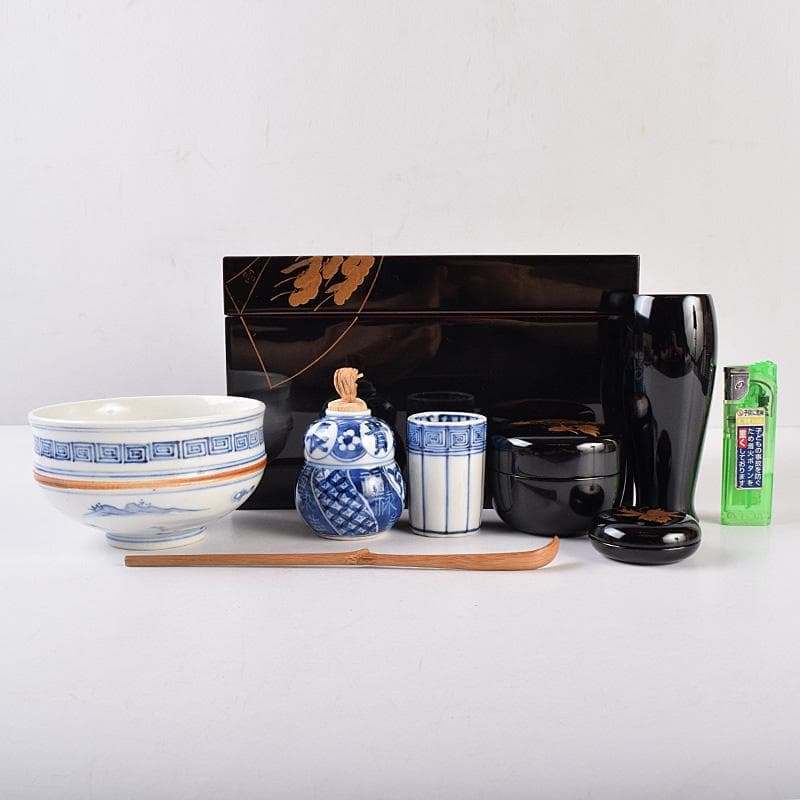 美子銘　扇蒔絵　茶箱　五良太甫呉祥瑞造　染付　振出など　十一点　M　R9008