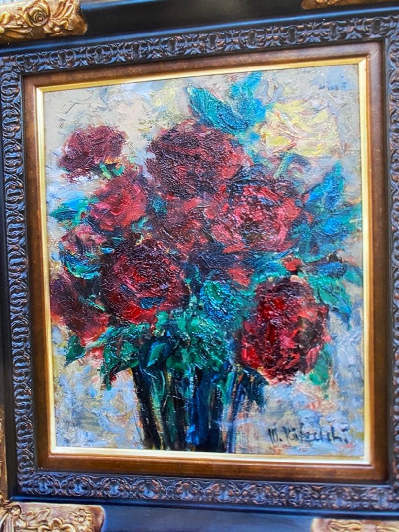 菊地正則　「ばら」(黒真珠 )を描いた油彩画　油絵パリ真作ゴージャス　美しい青！