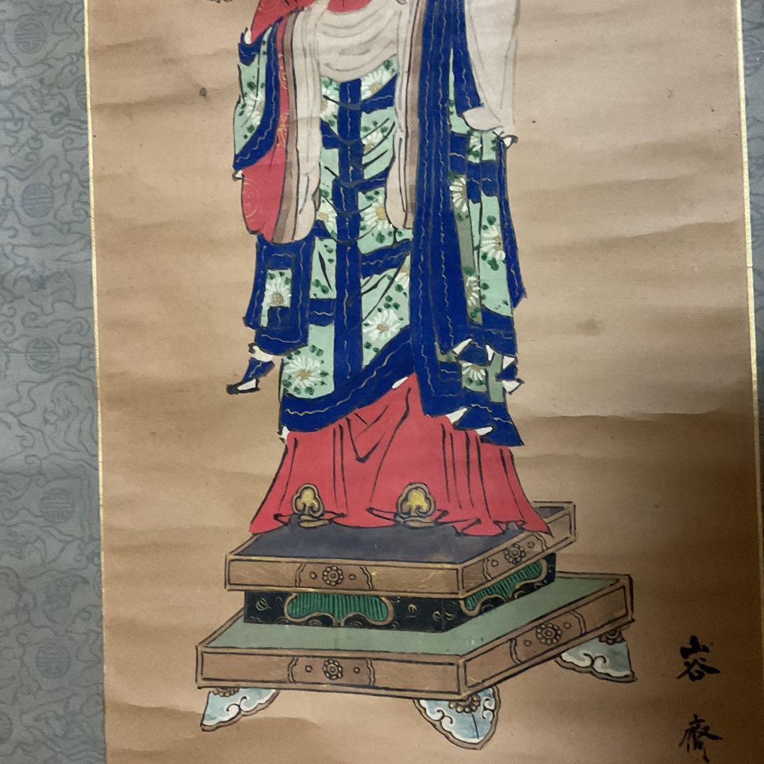 菊池容斎筆 人物像 紙本彩色掛軸 特製木箱