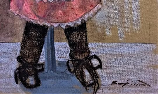 小島俊男　タイトル「人形」　パステル画　サインあり　金縁額装　黄袋、専用箱付き