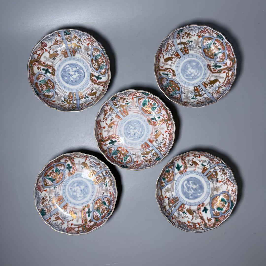 専用出品　幕末〜明治期　金蘭手　膾皿　五客　松竹梅　鶴　扇子　角冨印　上物