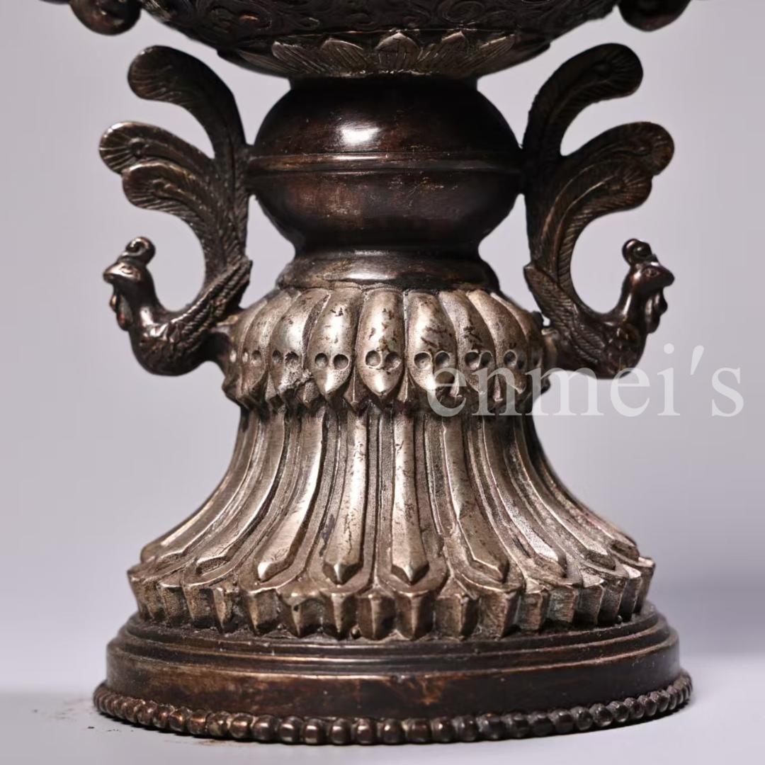 中国古美術・錾刻鎏銀 吉祥八宝鳳耳香炉セット・純銅製・高浮彫・熏香爐・仏具・置物