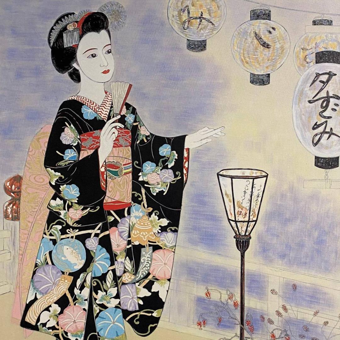 加藤登美子、【夕すずみ＝先斗町もみ華】、希少な額装用画集より、新品額装付