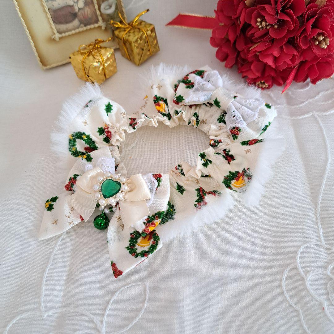 クリスマス短毛ファーシュシュ(白クリスマスリース)わんちゃん猫ちゃん用