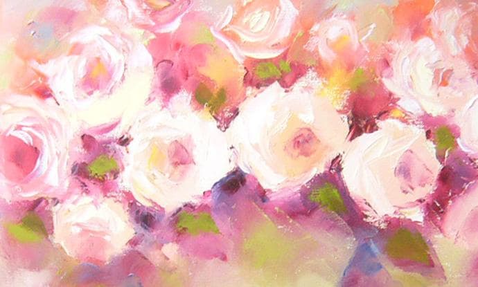 絵画 油絵 青木今陽 静物画 白とピンクの薔薇