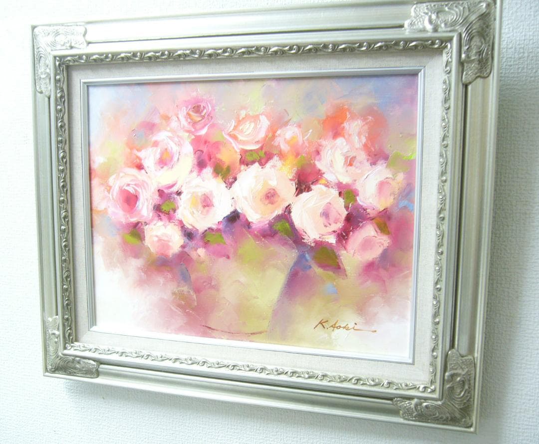 絵画 油絵 青木今陽 静物画 白とピンクの薔薇