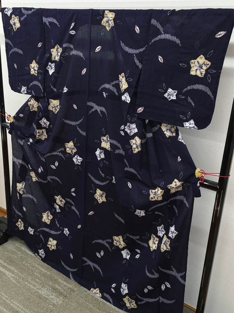 有松絞り 浴衣 夏物 桔梗文様 紺色系 綿100％ 躾糸付き NY029