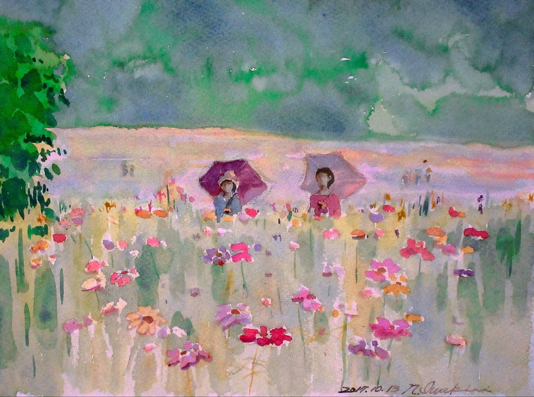 水彩画 ポピーの咲く公園 額縁付き