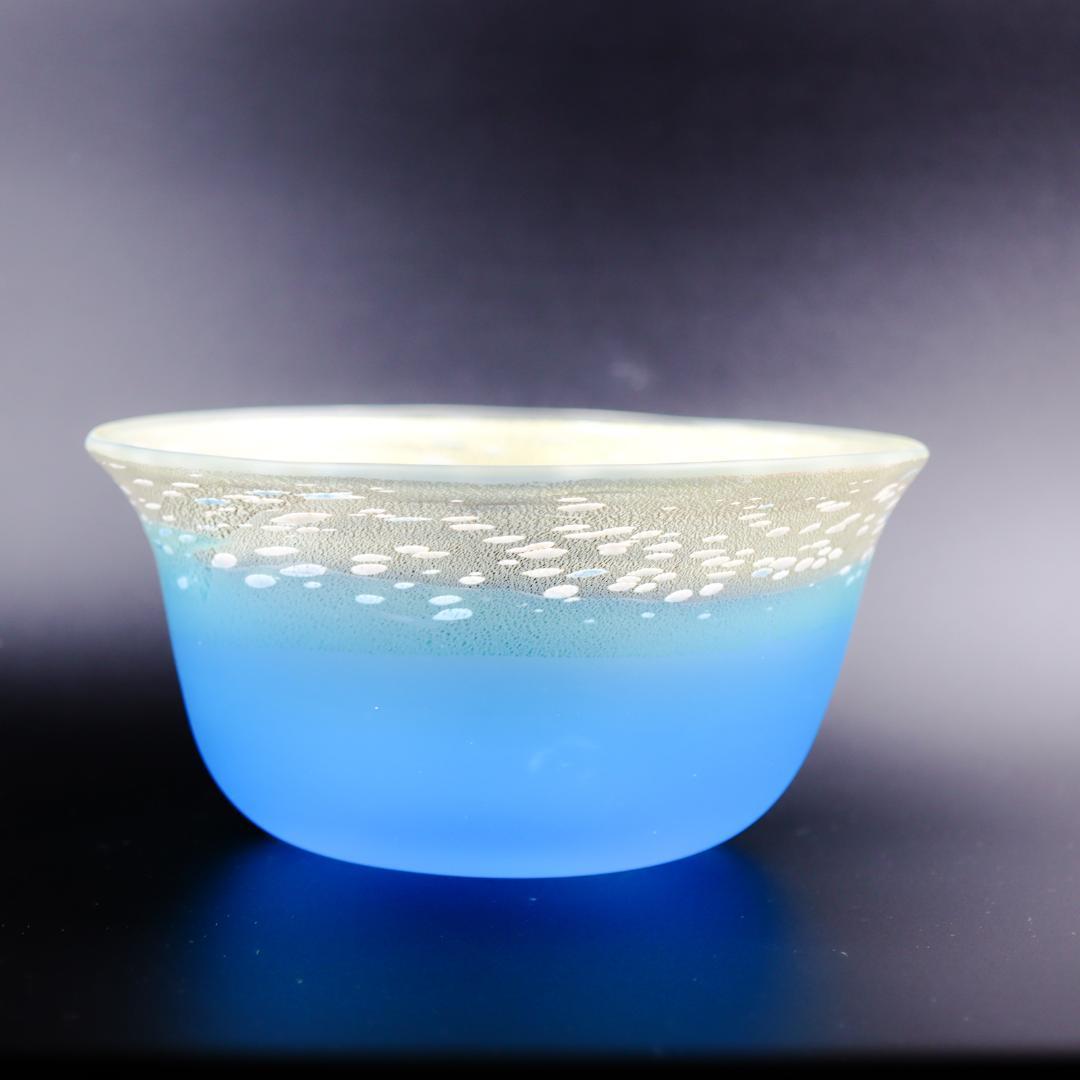 黒木国昭 アートガラス マリンブルーボウル 21cm 栞 箱付 美品