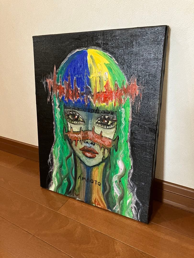 一点物 油絵 緑 女性 黒 キャンバス