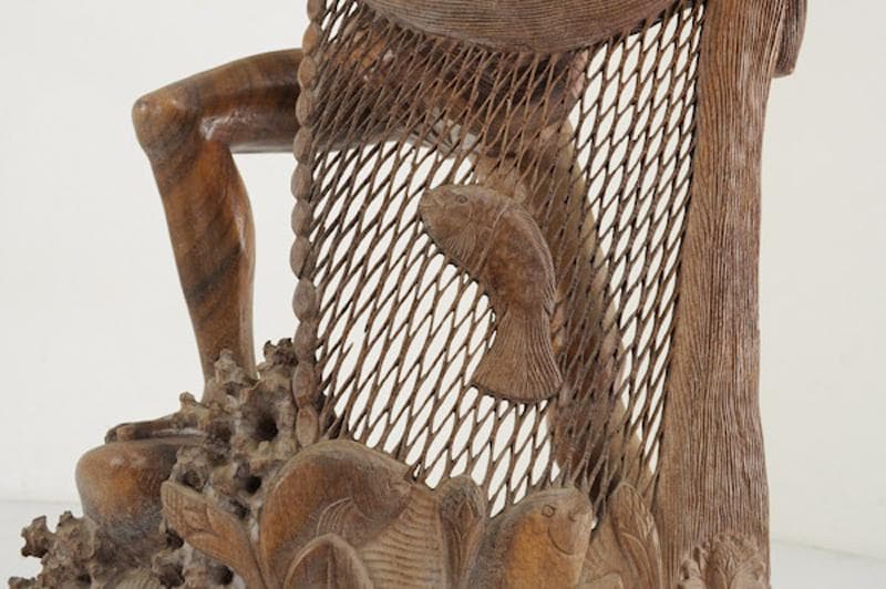 ★高級チーク無垢一本彫り 木彫『投網の男』