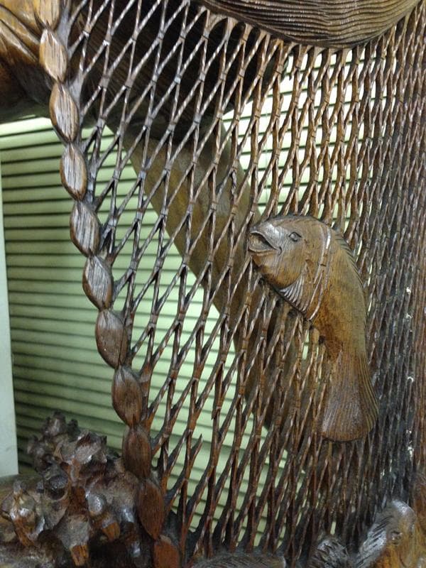 ★高級チーク無垢一本彫り 木彫『投網の男』