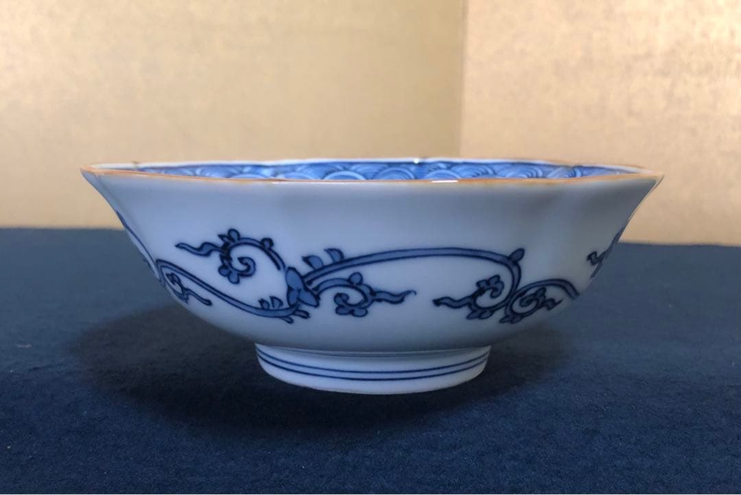 《レ》有田焼 源右衛門作 輪花 染付四海波 小鉢5客 共箱　251201お2