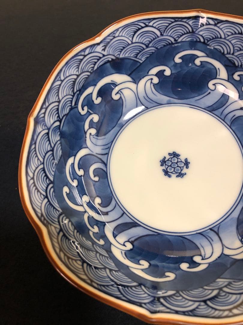 《レ》有田焼 源右衛門作 輪花 染付四海波 小鉢5客 共箱　251201お2