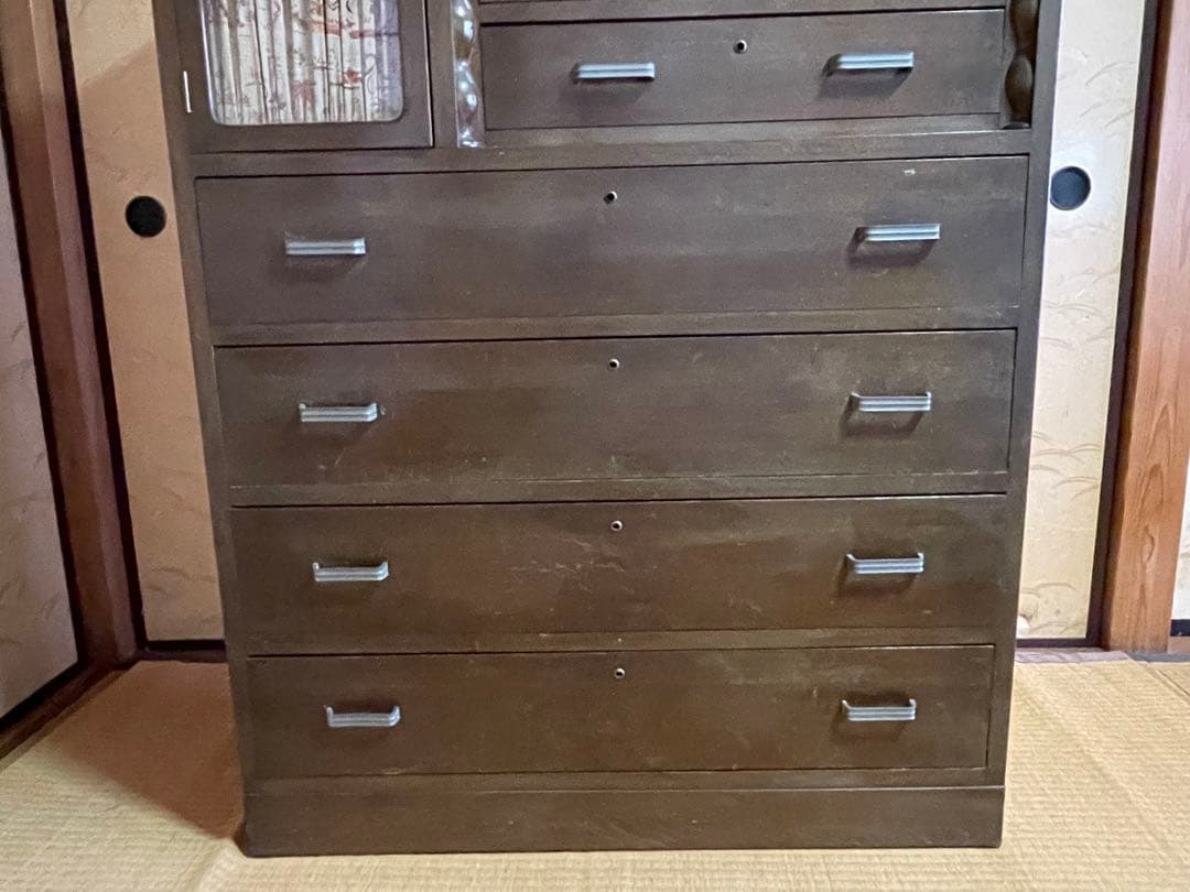 little meさん専用木製 箪笥 7段引出し ガラス扉付鍵付き 昭和レトロ